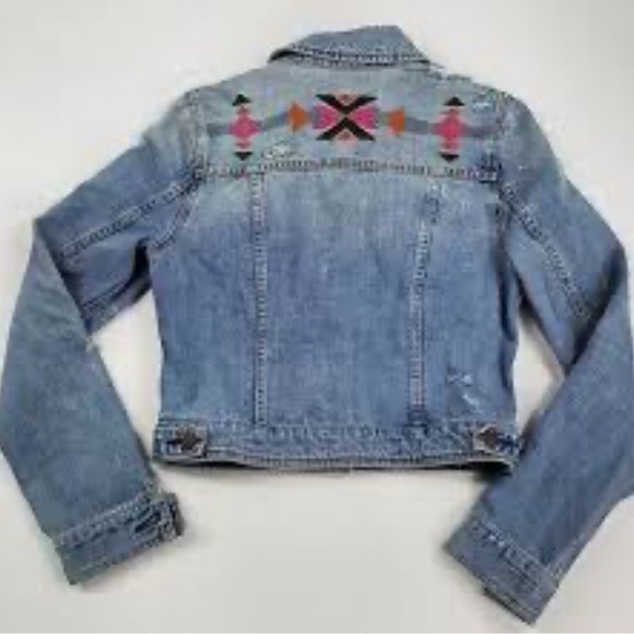 American Eagle Outfitters denim jacket with Aztec embroidery, distressed, medium - Picture 1 of 3
